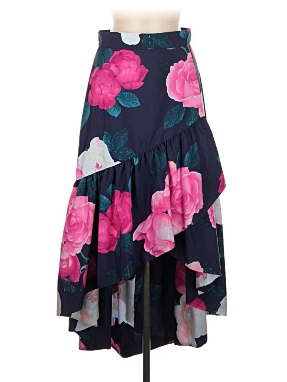 Eliza J High-Low Navy Floral Ruffle Maxi Skirt
